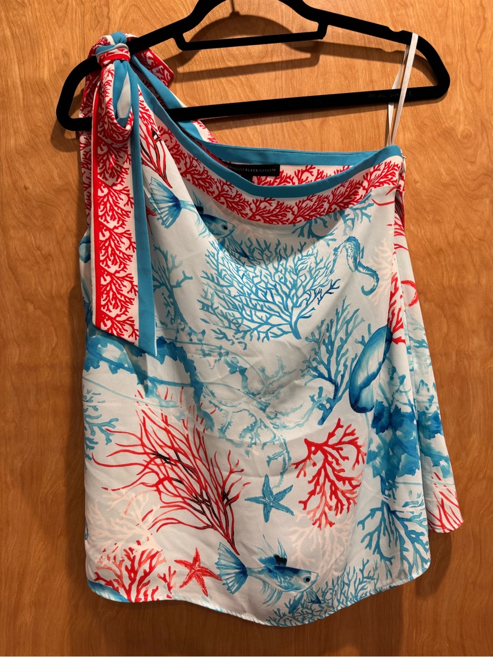 White House Black Market Coral & Aqua One-Shoulder Sea Print Top